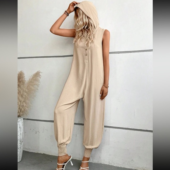 Boho Hoodie Hooded Smocked Button Jumpsuit Black - Picture 4 of 6